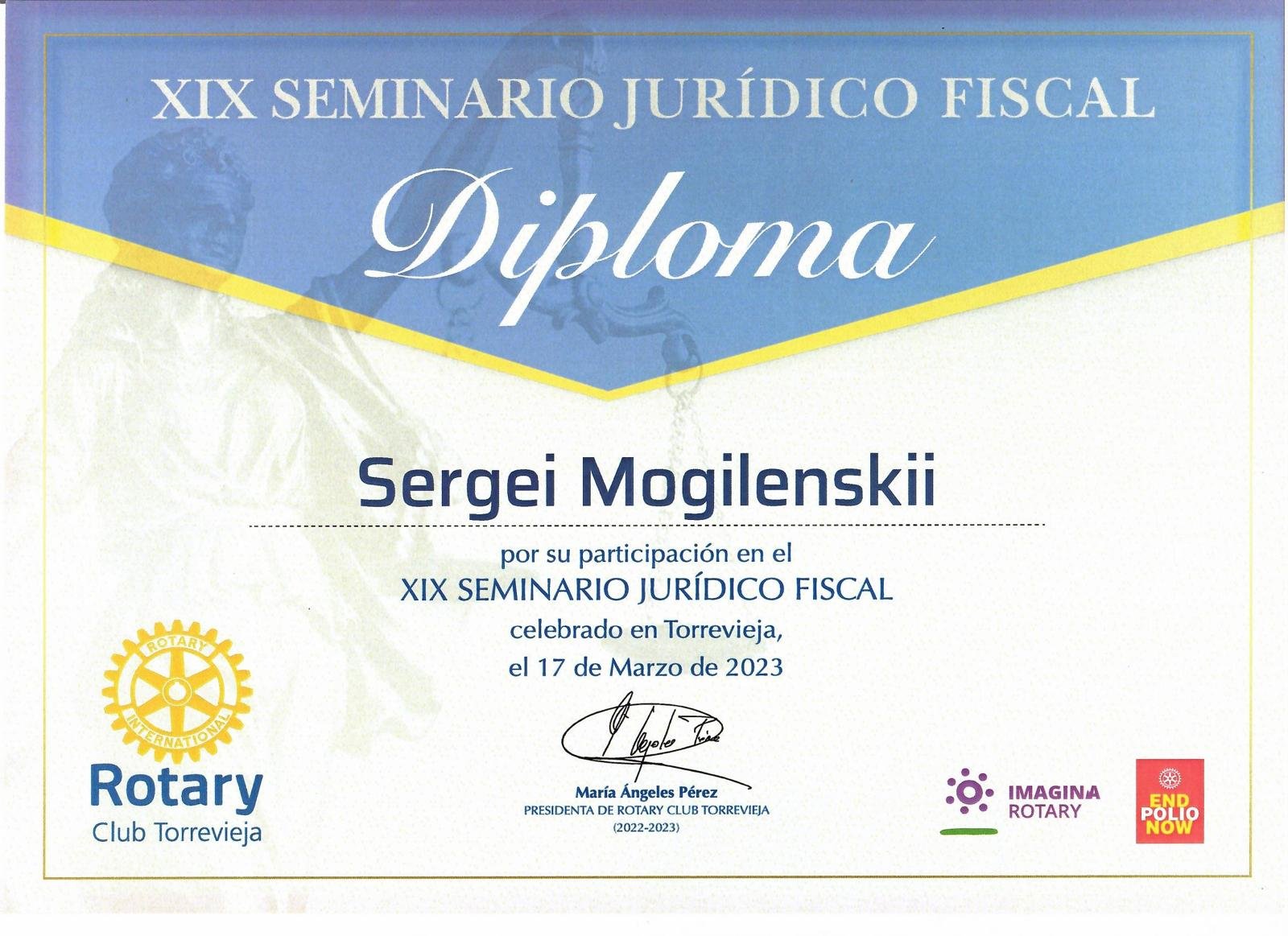 Diploma de participación · XIX Seminario Jurídico Fiscal, Rotary Club Torrevieja, 2023